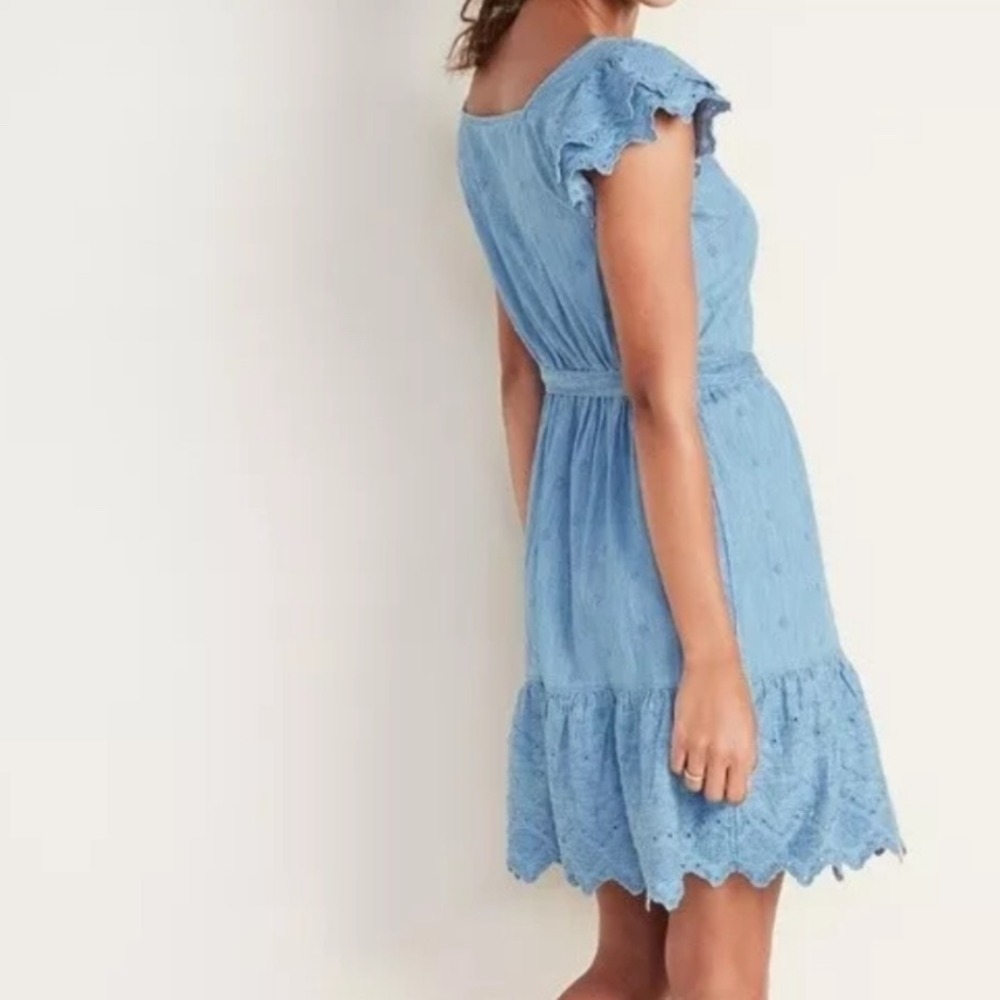 OLD NAVY | Blue Denim Chambray Embroidered Cutwork Eyelet Peasant Mini Dress, L - Picture 2 of 10